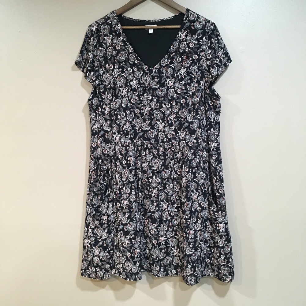 Garnet Hill Dark Floral Paisley Shift Dress Women 18 Black Boho Cottage Feminine